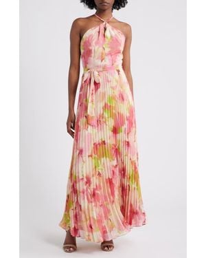 Julia Jordan Floral Pleated Chiffon Halter Dress - Red