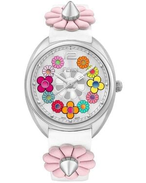 Fendi Momento Floral Leather Strap Watch, 34Mm - Gray