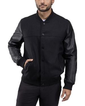 Xray Jeans Mixed Media Faux Leather Bomber Jacket - Blue