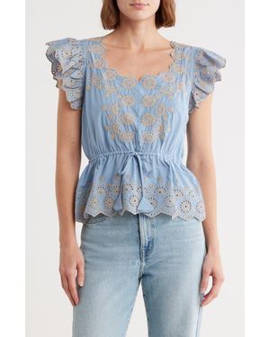 Democracy Embroidered Peplum Ruffle Sleeve Top - Blue