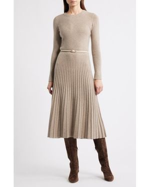 Tahari The Kellie Belted Long Sleeve Cashmere Midi Sweater Dress - Natural