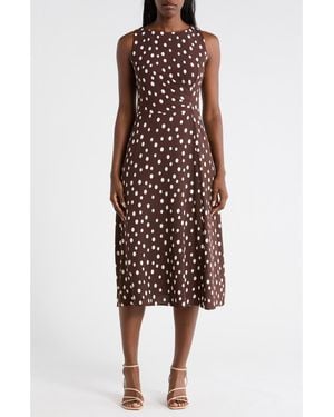 Connected Apparel Dot Side Pleat Sleeveless Midi Dress - Brown