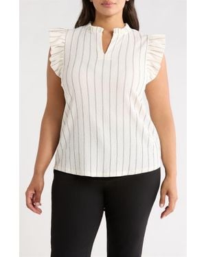 Anne Klein Striped Ruffle Neck Flutter Sleeve Top - White