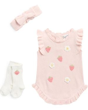 Nicole Miller Berry Embroidered Sweater Romper, Headband & Socks Set - Pink