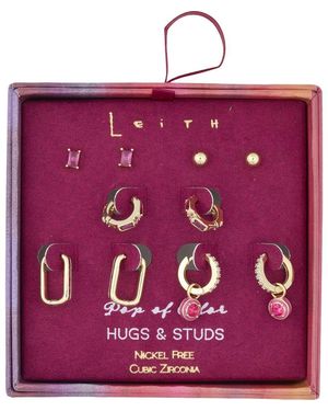 Leith Set Of 5 Cubic Zirconia Stud, Drop & Huggie Hoop Earrings - Purple