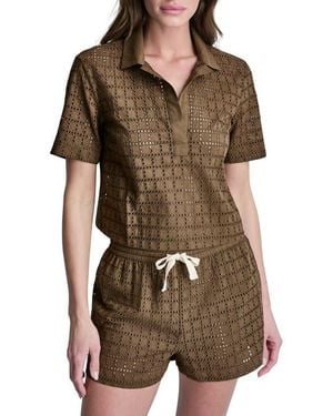 DKNY Short Sleeve Eyelet Johnny Collar Top - Brown