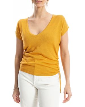 Max Studio Side Ruched Short Sleeve V-Neck Sweater - Yellow