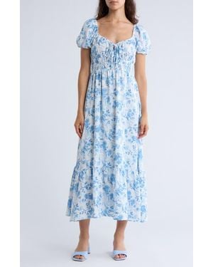 AUGUST SKY Floral Puff Sleeve Midi Dress - Blue