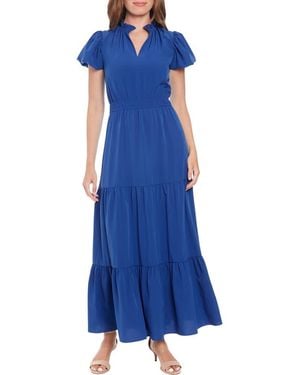 London Times Bubble Sleeve Tiered A-Line Maxi Dress - Blue