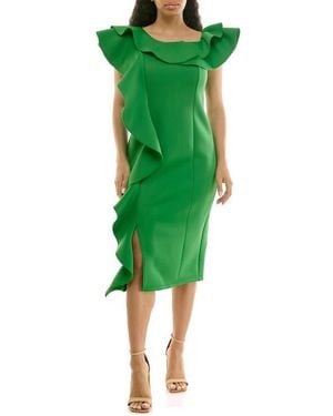 Nina Leonard Ruffle One-Shoulder Scuba Knit Sheath Dress - Green