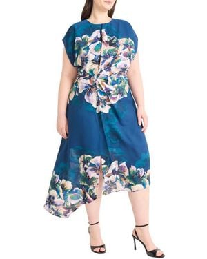 Maggy London Floral Short Sleeve Asymmetric Hem Midi Dress - Blue