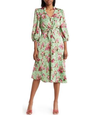 Julia Jordan Floral Print Tie Front Long Sleeve Dress - Green