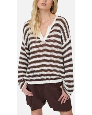 Blu Pepper Stripe Notch Neck Long Sleeve Sweater - Gray