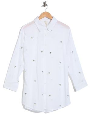 Boho Me Palm Tree Embroidered Cotton Shirt Cover-Up - White