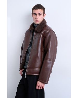 TOPMAN Faux Shearling & Faux Leather Bomber Jacket - Brown