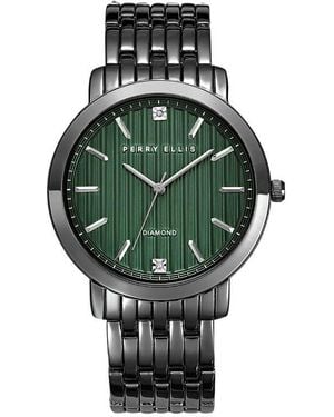 Perry Ellis Ultra Thin Stripe Dial Diamond Accent Bracelet Watch, 41Mm - Green