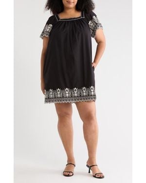 Max Studio Embroidered Short Sleeve Cotton Dress - Black