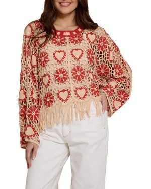 Saachi Heart Fringe Trim Crochet Poncho - Red