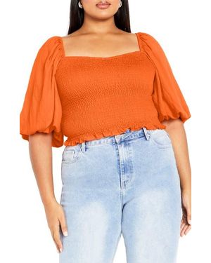 City Chic Poppie Smocked Puff Sleeve Top - Orange