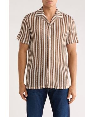 T.R. Premium Textured Stripe Knit Short Sleeve Button-Up Shirt - Natural