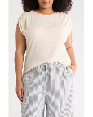 Max Studio Ruched Shoulder Crinkle Knit Top - Natural
