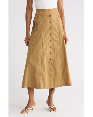 Tahari Button Front Cotton Midi Skirt - Natural