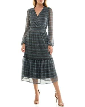 Socialite Metallic Long Sleeve Tiered Chiffon Midi Dress - Blue