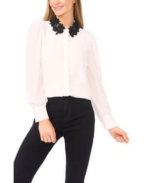 Cece Embroidered Floral Lace Collar Georgette Button-Up Shirt - White
