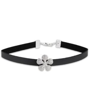 Saachi Pavé Crystal Flower Leather Choker Necklace - Black