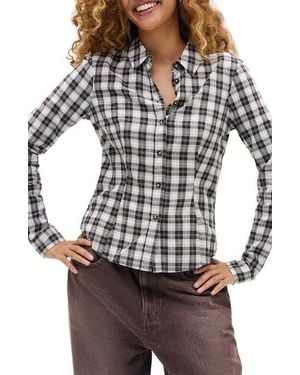 BDG Gwen Plaid Cotton Blend Button-Up Shirt - Gray