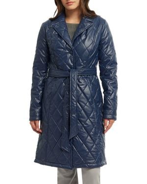 Badgley Mischka Quilted Faux Leather Trench Coat - Blue