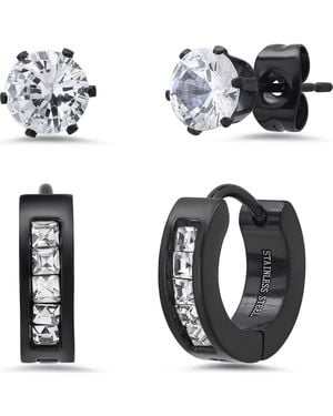 Steeltime Stainless Steel Cubic Zirconia Stud & Huggie Hoop Earring Set - White