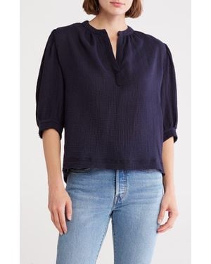 INDUSTRY REPUBLIC CLOTHING Split Neck Puff Sleeve Top - Blue