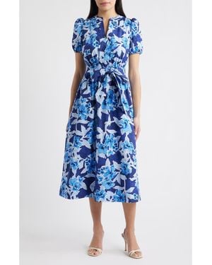 Anne Klein Floral Belted Puff Sleeve Cotton Midi Dress - Blue
