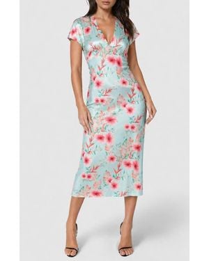 Bebe Satin V-Neck Midi Dress - Multicolor