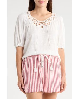 Max Studio Split Neck Puff Sleeve Top - White