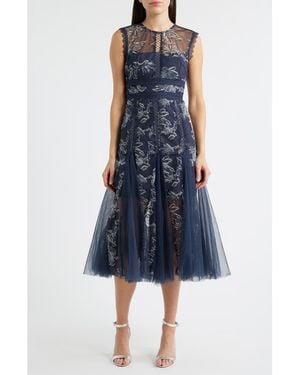 Arose Studio Serenity Floral Jacquard Godet Pleat Cocktail Midi Dress - Blue