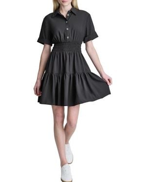 DKNY Smocked Waist Short Sleeve Dress - Black