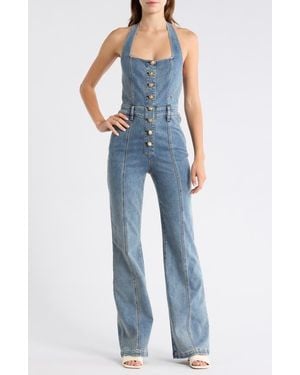 Alice + Olivia Pennie Halter Neck Bustier Denim Jumpsuit - Blue