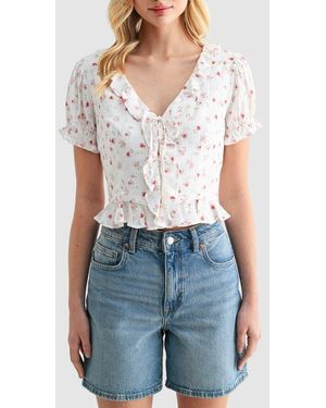 Lush Ruffle Trim Tie Front Top - Blue
