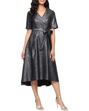 Alex Evenings Faux Wrap Metallic Jacquard Cocktail Midi Dress - Black