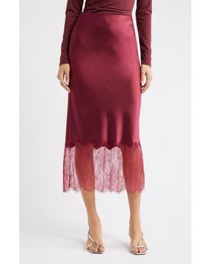 Open Edit Lace Trim Satin Midi Skirt - Red