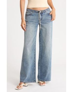 Fade Out Loud Low Rise Drawstring Wide Leg Jeans - Blue