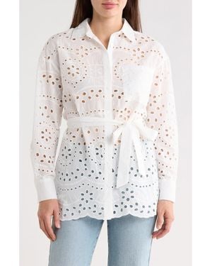 Forgotten Grace Eyelet Tie Waist Tunic Shirt - White