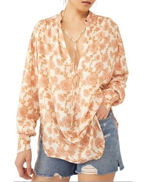 Free People Mia Floral Print Tie Neck Tunic Top - White