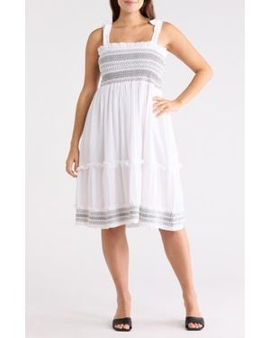 Tahari Smocked Embroidered Cotton Dress - White