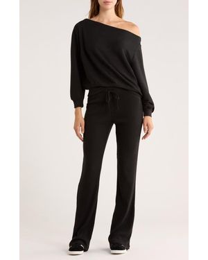 Abound Hacci One-Shoulder Top & Flared Pants Set - Black