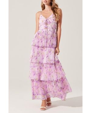 Astr Daytona Floral Pleated Tiered Dress - Pink