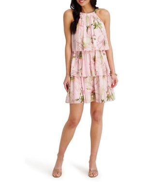 Kensie Floral Halter Neck Chiffon Minidress - Red