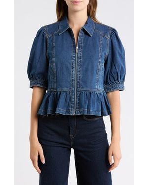 Cinq À Sept Daphne Puff Sleeve Peplum Denim Jacket - Blue